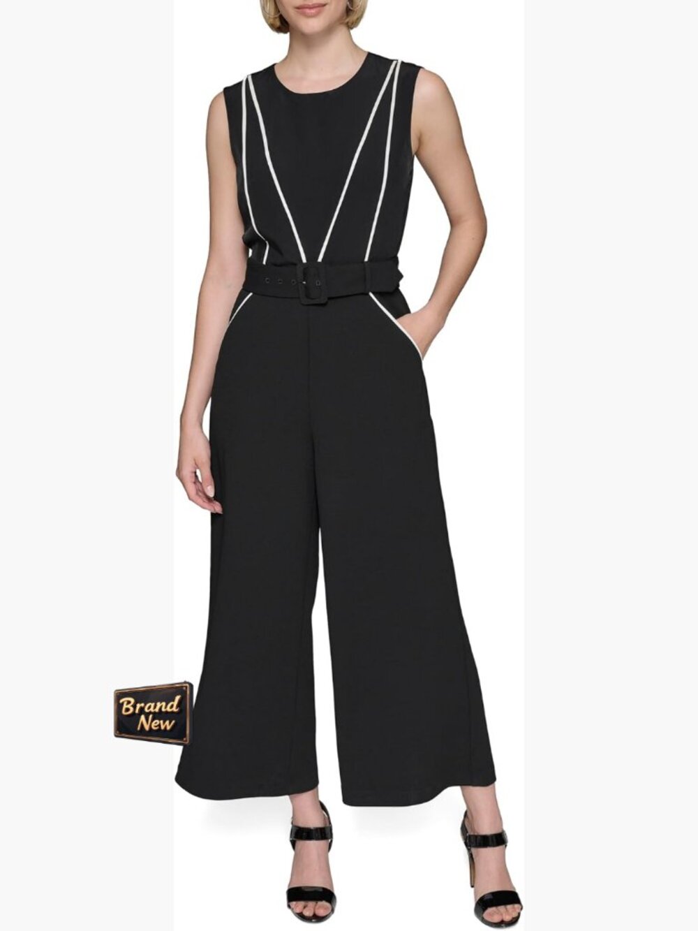 Size 12 Polyester Jumpsuit, Sleeveless Wide Leg With Belt And Pockets
